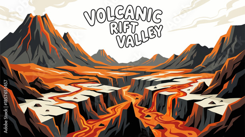 volcanic rift valley formed by tectonic movement features cracked terrain, lava formations, and dramatic geological depth