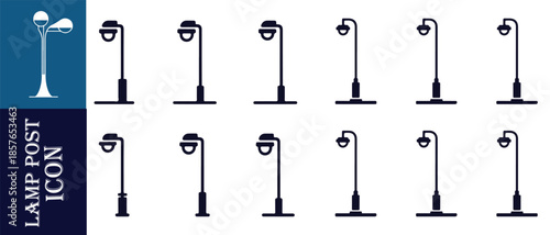 Collection of various modern black street lamps and lampposts with curved simple designs isolated on white