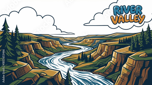 wide river valley formed by flowing water stretches through natural terrain, blending soft curves, fertile land, and continuous movement across the landscape