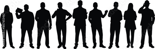 People silhouette group set, men and women standing poses, communication gestures teamwork concept, black vector illustration isolated on white background