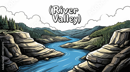 wide river valley formed by flowing water stretches through natural terrain, blending soft curves, fertile land, and continuous movement across the landscape