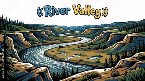 wide river valley formed by flowing water stretches through natural terrain, blending soft curves, fertile land, and continuous movement across the landscape