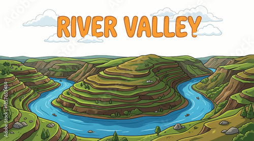 wide river valley formed by flowing water stretches through natural terrain, blending soft curves, fertile land, and continuous movement across the landscape