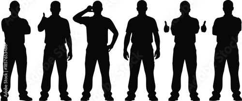 People silhouette set showing gestures, standing male poses, thumbs up salute actions, black vector illustration isolated on white background