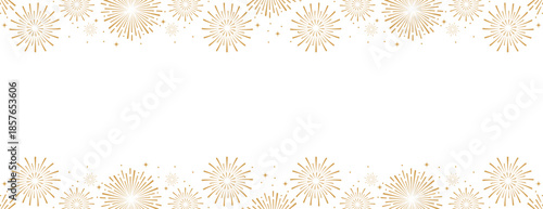 Elegant gold fireworks burst and sparkling stars on clean white background, festive celebration illustration for New Year, holiday party, greeting card, luxury event design, minimalist style vector.