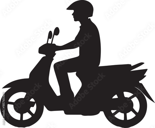Silhouette of a helmeted motorbike rider, possibly a taxi driver, on a scooter, depicted in a side profile view.