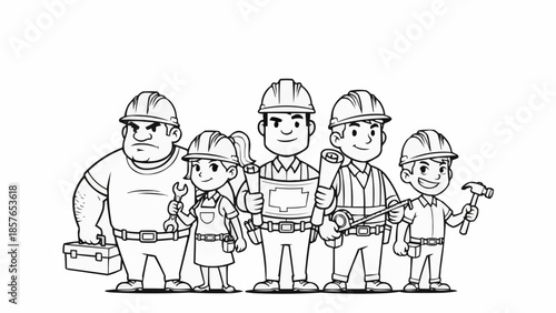 Diverse group of cartoon construction workers standing together holding tools.