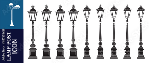 Set of black elegant street lamp post icons on white background isolated on blue panel with text