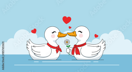 Cute Couple Ducks Sharing a Flower in a Romantic Scene.