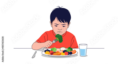 Young boy eating healthy food on a plate with a glass of water.