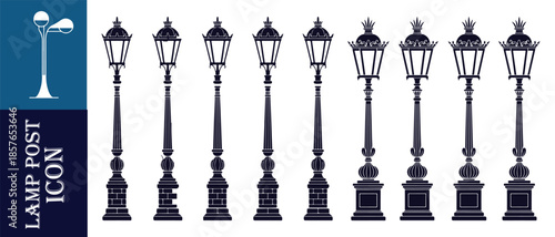Set of black classic street lamp post icons on white background isolated on blue panel with text