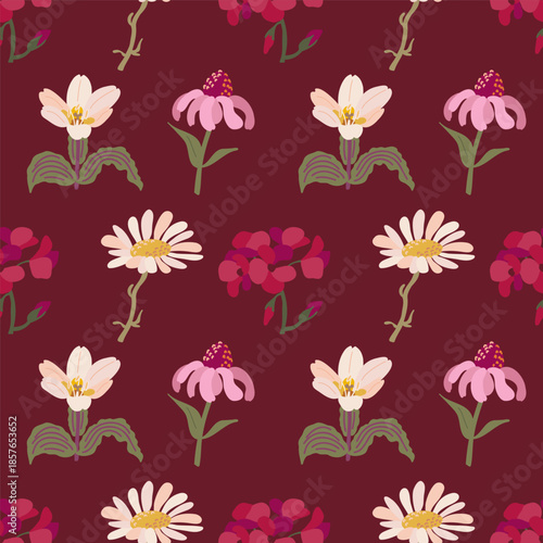 Minimalist flat botanical pattern with geranium, daisy, and lily flowers on rich burgundy background. Elegant seamless vector design for sophisticated home decor.