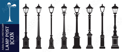 Set of black ornate street lamp post icons on white background isolated on blue panel with text