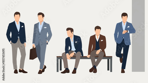 Five men in business suits standing and sitting in various poses.