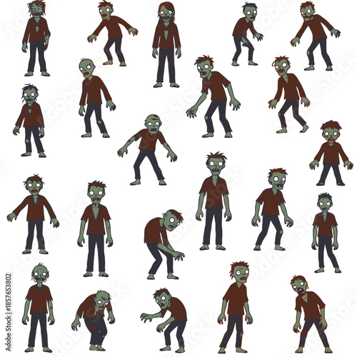A collection of cartoon zombie characters in various poses and expressions, suitable for game assets or Halloween themes.