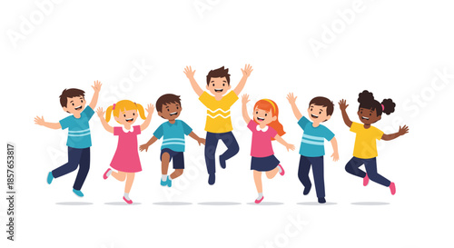 Happy diverse group of children jumping together.
