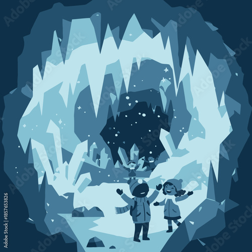 Two children exploring a magical ice cave filled with sparkling blue and white crystal formations and icicles.