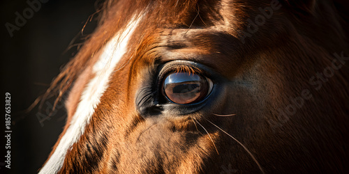 Extreme closeup of a brown horses eye and face with a white blaze, showing detailed fur texture and reflection in the dark eye, horse, horse eye