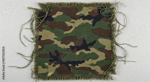 Camouflage fabric swatch with frayed edges shows military pattern.