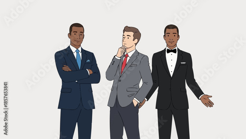 Three diverse men in formal business suits standing together.