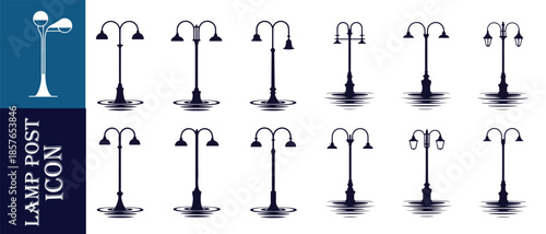 Vintage lamp post icon set classic street lights old-fashioned urban lighting antique designs