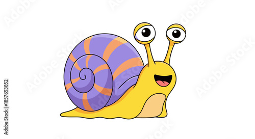 Cute cartoon snail with purple and orange striped shell.