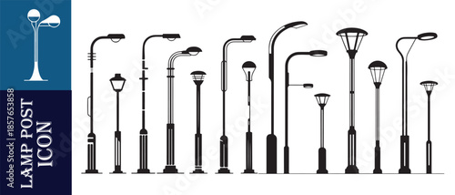 Various street lamp post icon set diverse outdoor lighting fixtures urban and park light designs