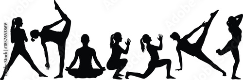 Yoga fitness silhouette set with stretching poses, women exercising meditation balance strength, healthy lifestyle wellness concept, black vector illustration