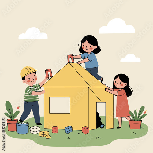 Three happy children building a yellow playhouse together with colorful blocks in a garden setting, fostering teamwork and creativity.