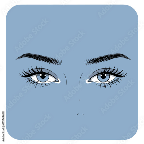 Close-up illustration of a woman's blue eyes with long eyelashes and dark eyebrows on a solid blue background.