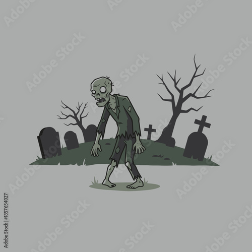 A cartoon illustration of a green zombie with torn clothes walking through a spooky graveyard with tombstones and dead trees.