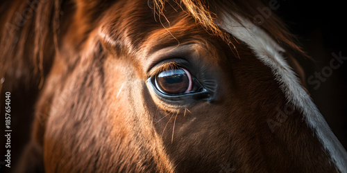 Extreme closeup of a brown horses eye and face with a white blaze, showing detailed fur texture and reflection in the dark eye, horse, horse eye