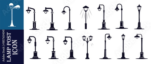 Minimal classic street lamp post icon set in dark blue, black and white clean design