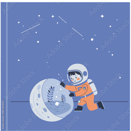 A young astronaut tending to a miniature garden inside a clear dome on a celestial body under a starry night sky.