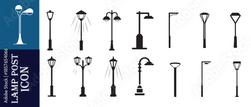Set of lamp post icons in a simple minimalist style for city lighting and outdoor illumination