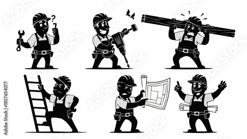 Construction Worker Poses Set Vector Illustration.