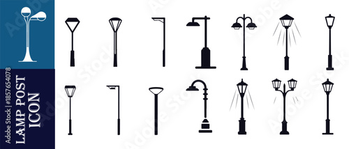 Collection of street lamp post icons featuring various simple shapes for modern and classic designs