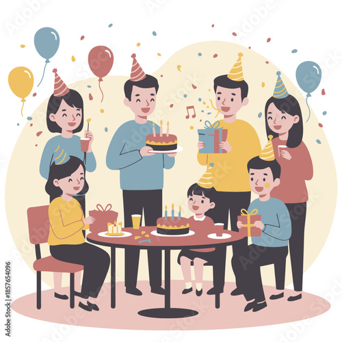 Happy family and friends celebrating a birthday party with cakes, gifts, and balloons.