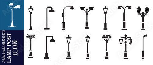 Set of lamp post icons in different styles including solar powered street light fixtures design