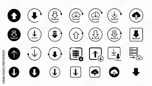 Collection of download and upload icons in various styles.