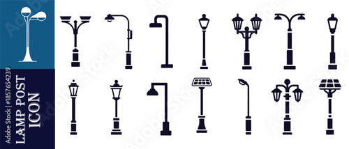 Collection of black street lamp post icons different styles including classic and modern designs