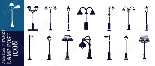 Assortment of black street lamp post icons various designs including solar powered and classic styles