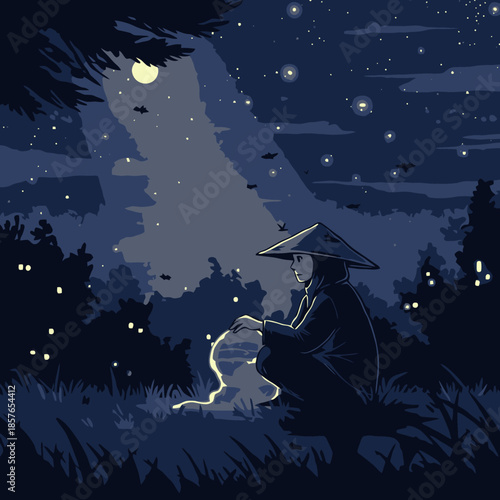 A person in a conical hat crouches in a dark, moonlit forest, observing a glowing creature on the ground amidst fireflies and mysterious eyes.