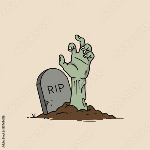 A cartoon zombie hand emerging from a grave next to a tombstone with "RIP" on it, on a light background.