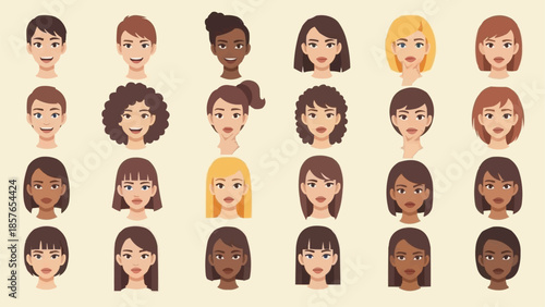 Diverse Group of Cartoon People Faces Showing Different Ethnicities.