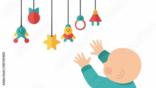 Baby reaching for colorful hanging toys on a mobile.
