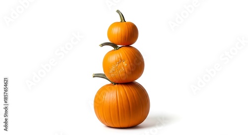 Three orange pumpkins are stacked vertically on a white background.