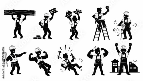 Construction workers performing various tasks and showing strength.