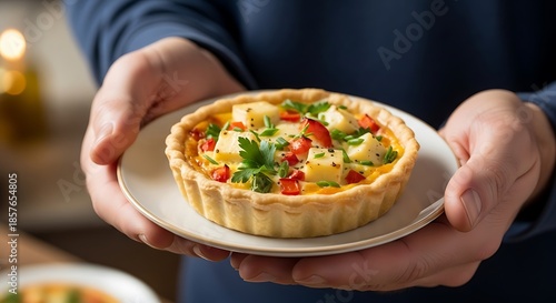 Delicious individual quiche is presented on a small plate.