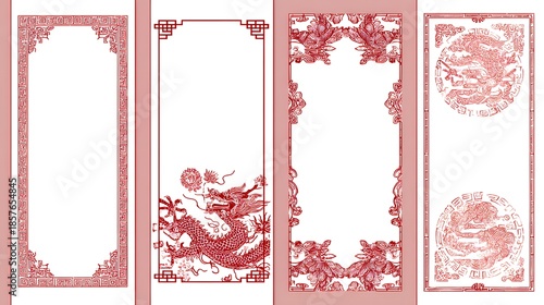 Chinese Design: Intricate patterns and motifs, red color, the image reveals elegant designs, celebrating timeless aesthetics and cultural symbolism.